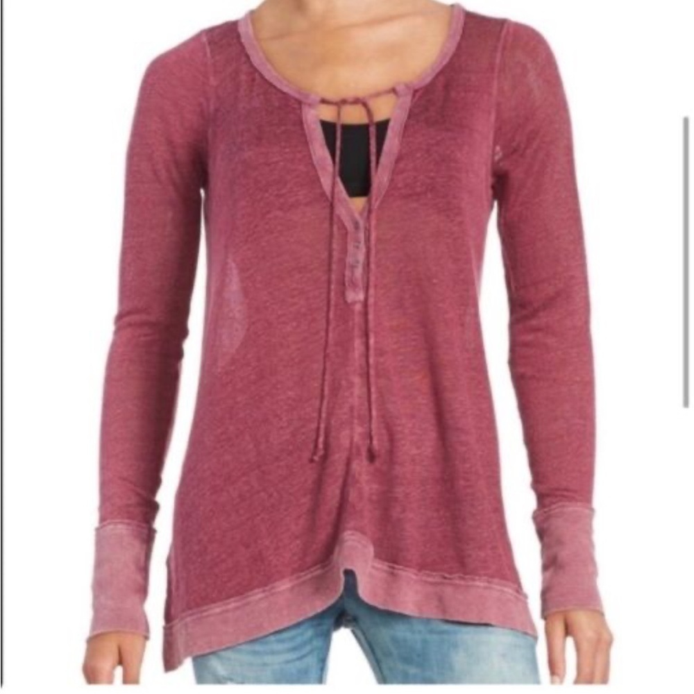 New NWT Free People MEDIUM Affogato Hachi Linen Blend Top Burgundy Knit Blouse